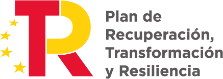 Logo of the "Plan de Recuperación, Transformación y Resiliencia," featuring a stylized letter "R" in red and yellow, symbolizing recovery and resilience in Spain, accompanied by five stars.